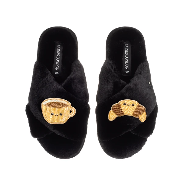laines london Classic Slippers With Laines Lovables Coffee & Croissant Brooches