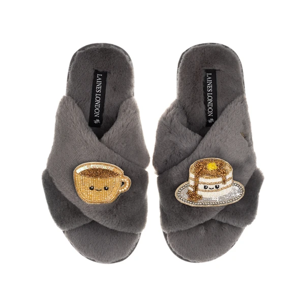 Laines London Classic Slippers With Laines Lovables Coffee & Pancakes Brooches