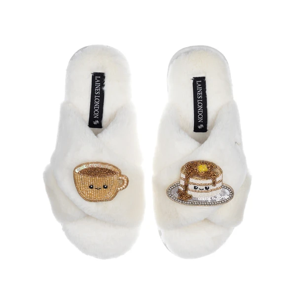 Laines London Classic Slippers With Laines Lovables Coffee & Pancakes Brooches