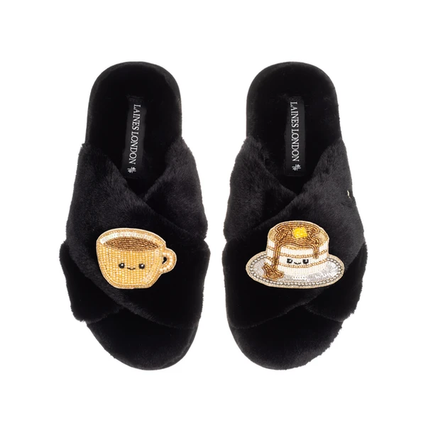 Laines London Classic Slippers With Laines Lovables Coffee & Pancakes Brooches
