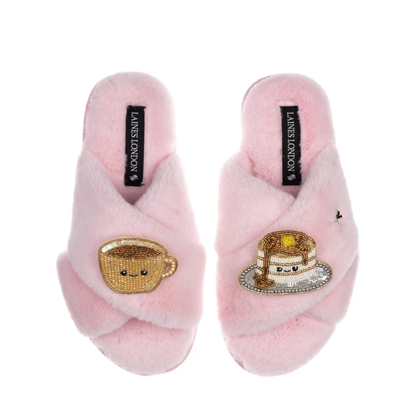 laines london Classic Slippers With Laines Lovables Coffee & Pancakes Brooches