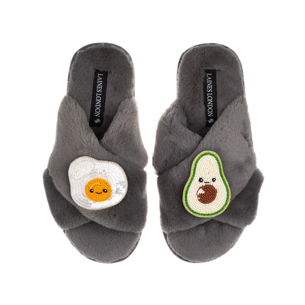 Laines London Classic Slippers With Laines Lovables Egg & Avocado Brooches