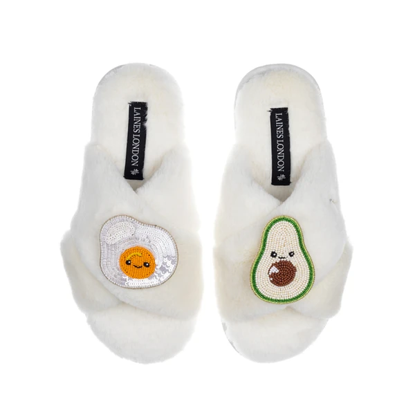 Laines London Classic Slippers With Laines Lovables Egg & Avocado Brooches