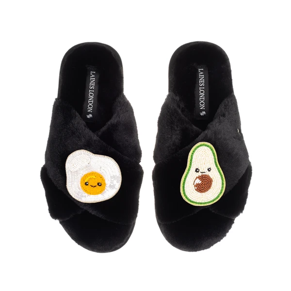Laines London Classic Slippers With Laines Lovables Egg & Avocado Brooches