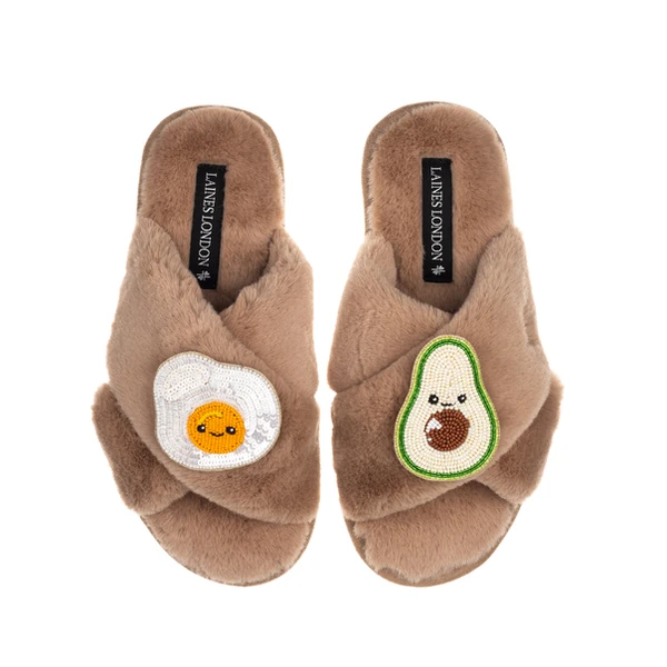 laines london Classic Slippers With Laines Lovables Egg & Avocado Brooches