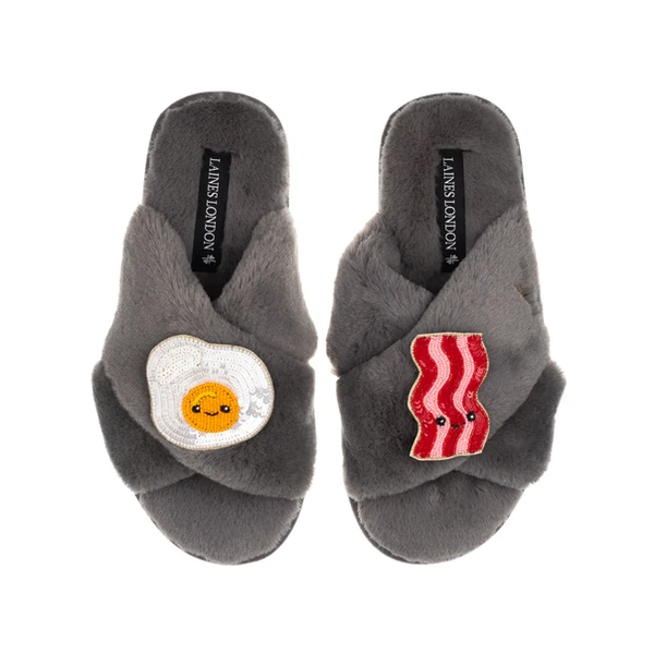 Laines London Classic Slippers With Laines Lovables Egg & Bacon Brooches