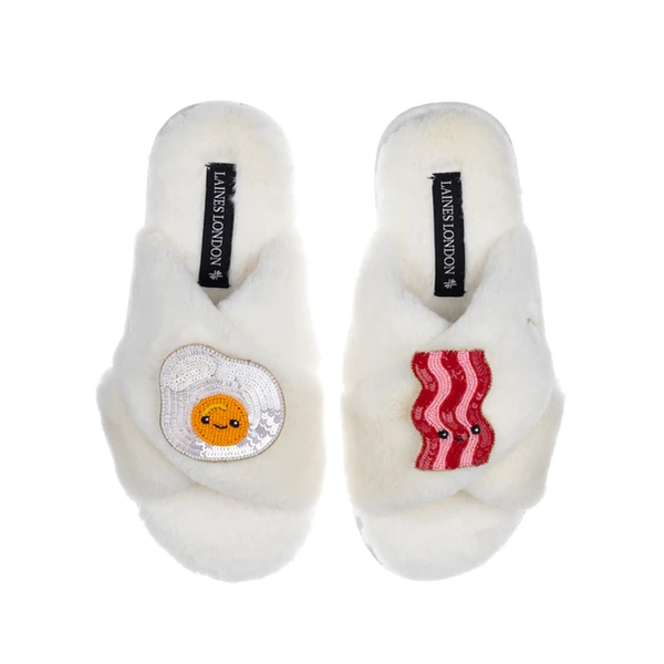 Laines London Classic Slippers With Laines Lovables Egg & Bacon Brooches