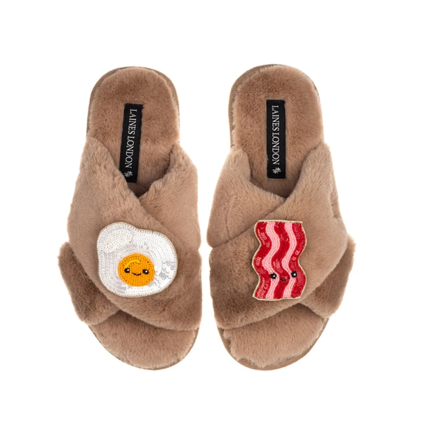 Laines London Classic Slippers With Laines Lovables Egg & Bacon Brooches