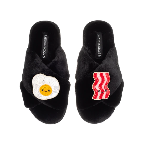 laines london Classic Slippers With Laines Lovables Egg & Bacon Brooches