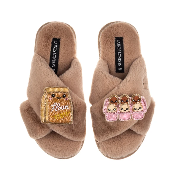 Laines London Classic Slippers With Laines Lovables Eggs & Flour Brooches