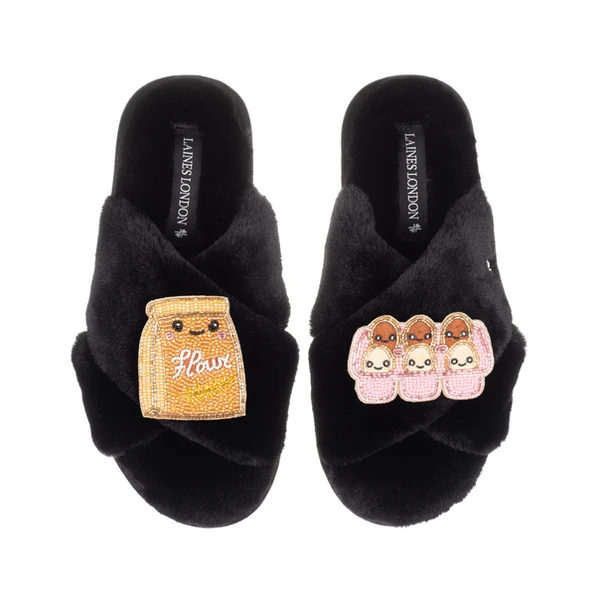 Laines London Classic Slippers With Laines Lovables Eggs & Flour Brooches