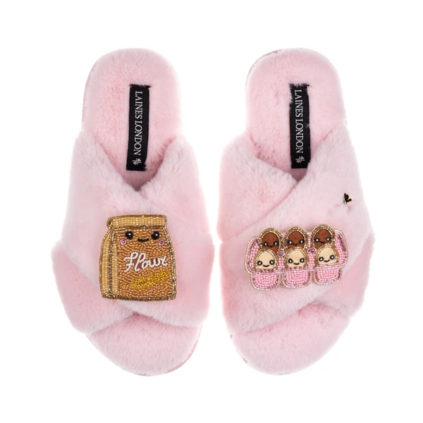 Laines London Classic Slippers With Laines Lovables Eggs & Flour Brooches