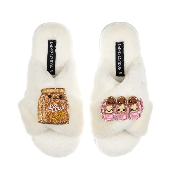 laines london Classic Slippers With Laines Lovables Eggs & Flour Brooches