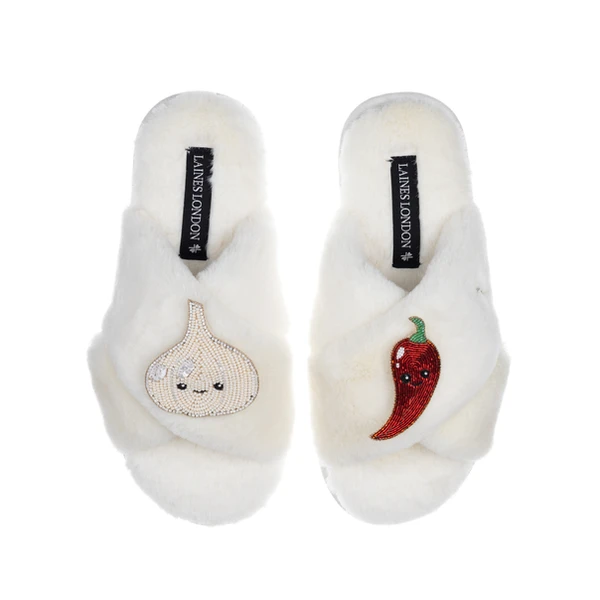 Laines London Classic Slippers With Laines Lovables Garlic & Chilli Brooches