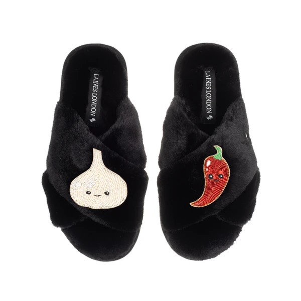 Laines London Classic Slippers With Laines Lovables Garlic & Chilli Brooches