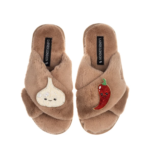 Laines London Classic Slippers With Laines Lovables Garlic & Chilli Brooches