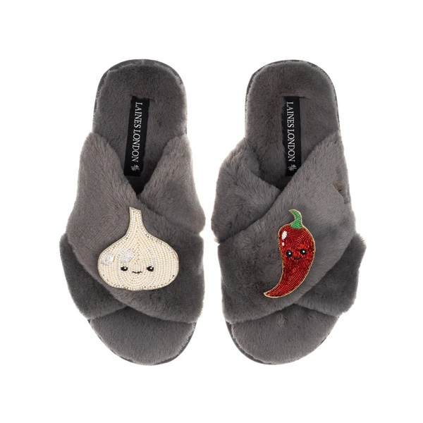 laines london Classic Slippers With Laines Lovables Garlic & Chilli Brooches