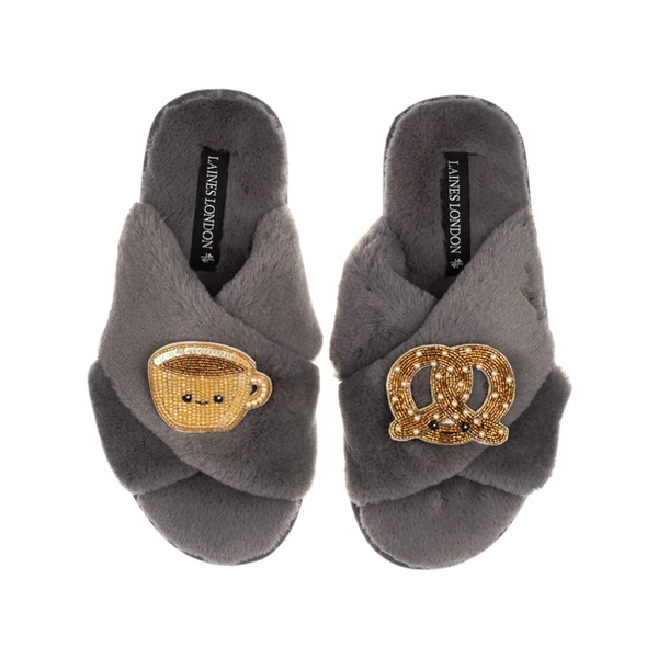 Laines London Classic Slippers With Laines Lovables Hot Chocolate & Pretzel Brooches