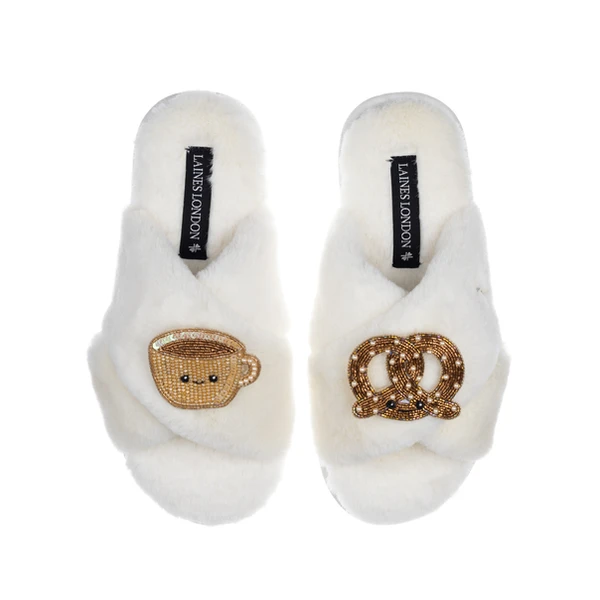 Laines London Classic Slippers With Laines Lovables Hot Chocolate & Pretzel Brooches