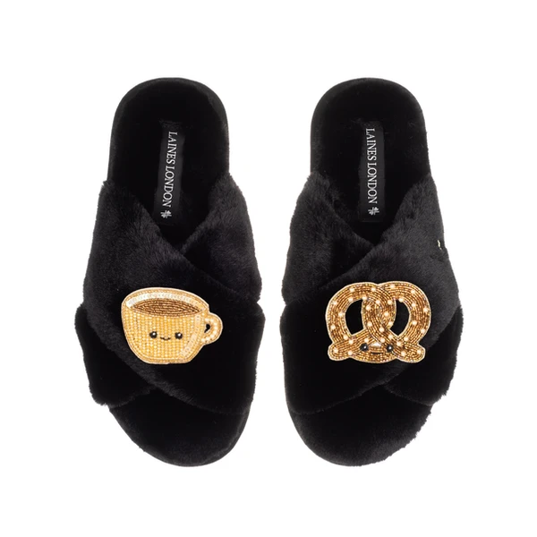 Laines London Classic Slippers With Laines Lovables Hot Chocolate & Pretzel Brooches