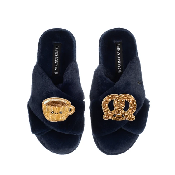 laines london Classic Slippers With Laines Lovables Hot Chocolate & Pretzel Brooches