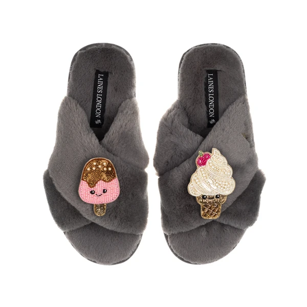 Laines London Classic Slippers With Laines Lovables Ice Lolly & Ice Cream Brooches