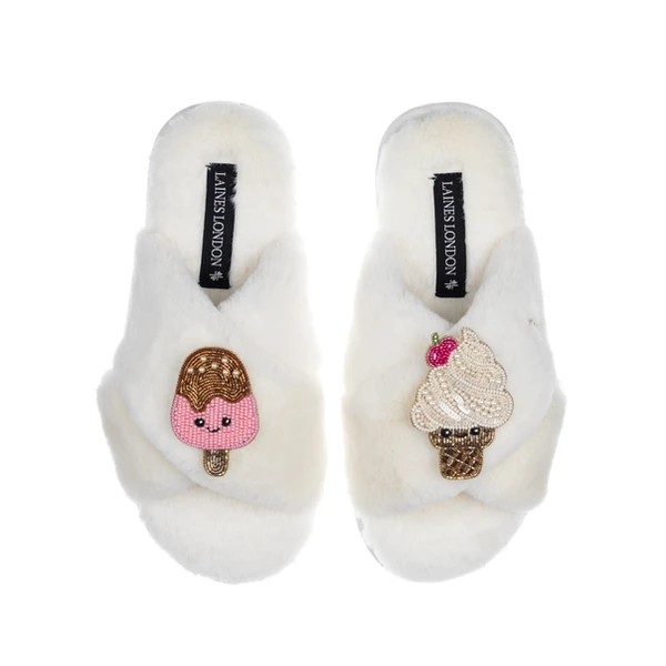Laines London Classic Slippers With Laines Lovables Ice Lolly & Ice Cream Brooches