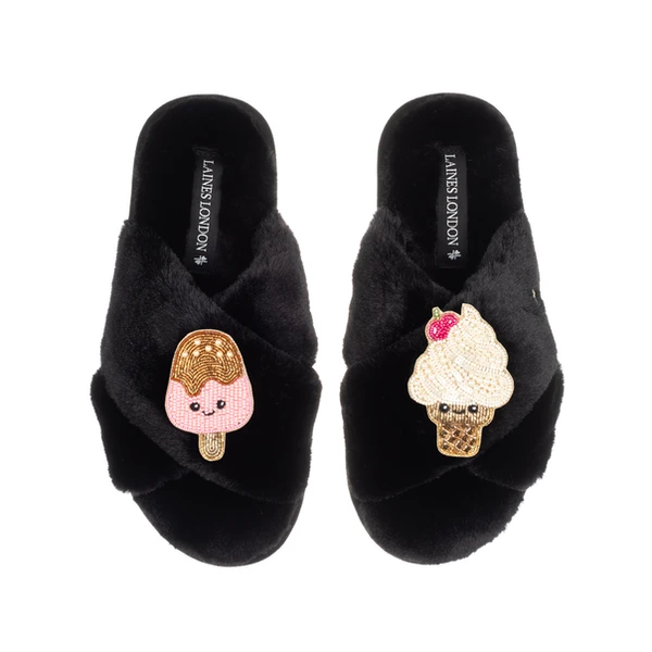 Laines London Classic Slippers With Laines Lovables Ice Lolly & Ice Cream Brooches