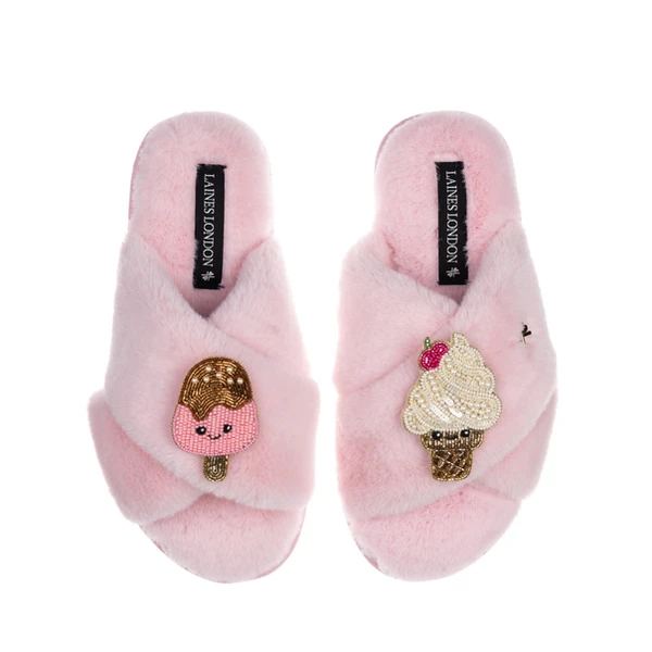 laines london Classic Slippers With Laines Lovables Ice Lolly & Ice Cream Brooches