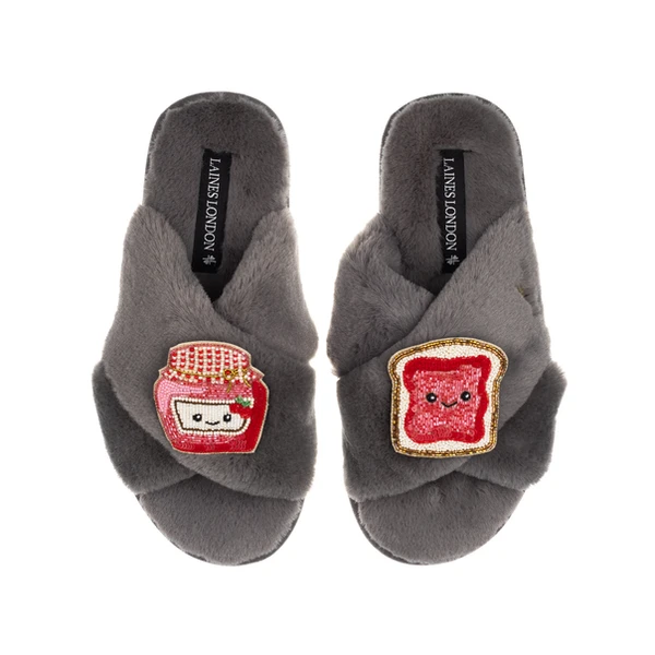 Laines London Classic Slippers With Laines Lovables Jam & Toast Brooches