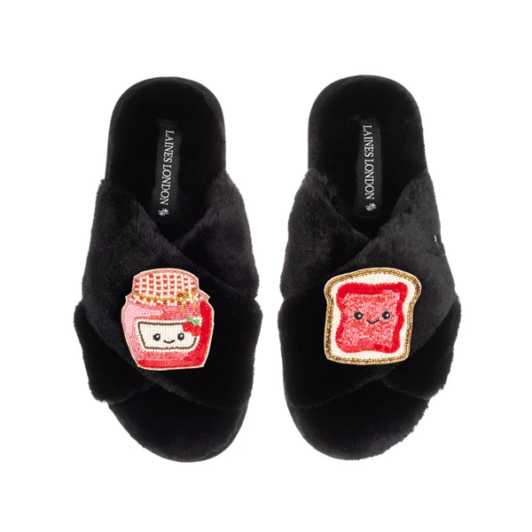 Laines London Classic Slippers With Laines Lovables Jam & Toast Brooches