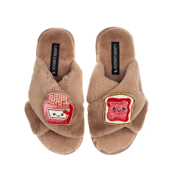 Laines London Classic Slippers With Laines Lovables Jam & Toast Brooches