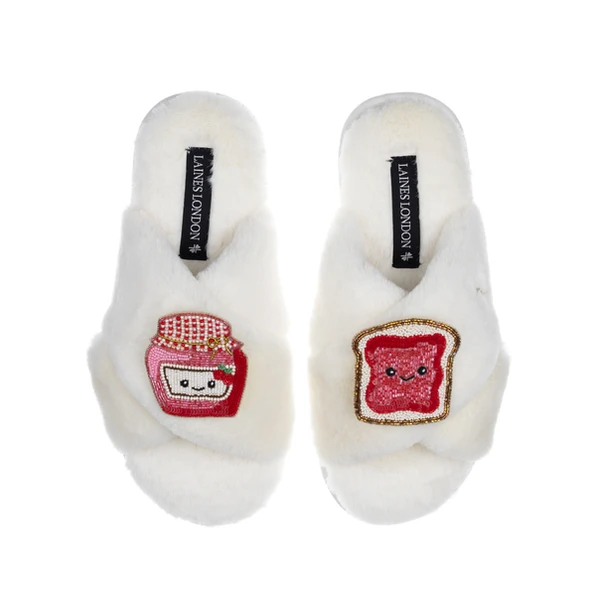 laines london Classic Slippers With Laines Lovables Jam & Toast Brooches