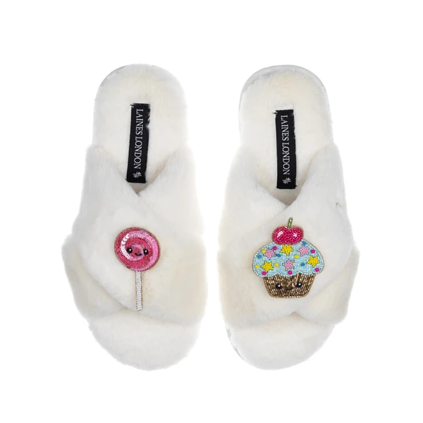 Laines London Classic Slippers With Laines Lovables Lollipop & Cupcake Brooches