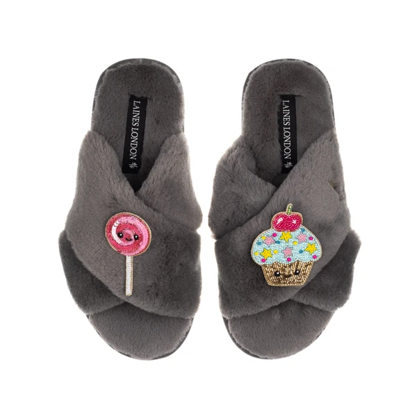 Laines London Classic Slippers With Laines Lovables Lollipop & Cupcake Brooches