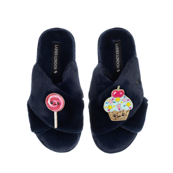 laines london Classic Slippers With Laines Lovables Lollipop & Cupcake Brooches
