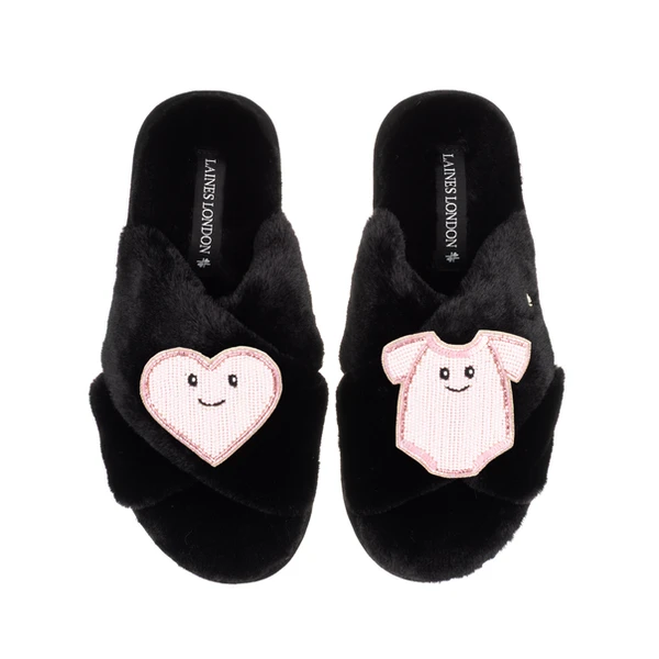 Laines London Classic Slippers With Laines Lovables Pink Love & Baby Grow Brooches