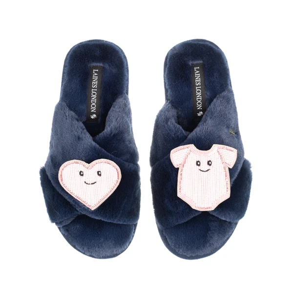 Laines London Classic Slippers With Laines Lovables Pink Love & Baby Grow Brooches