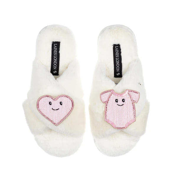 Laines London Classic Slippers With Laines Lovables Pink Love & Baby Grow Brooches