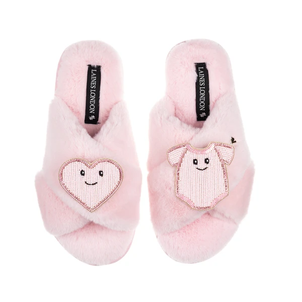 laines london Classic Slippers With Laines Lovables Pink Love & Baby Grow Brooches