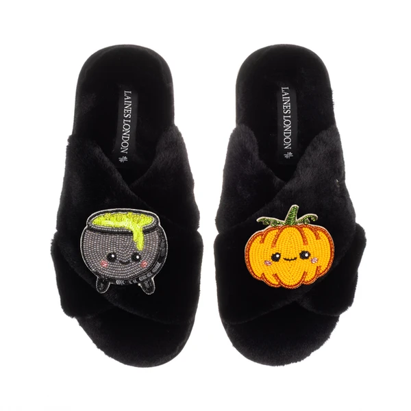 Laines London Classic Slippers With Laines Lovables Pumpkin & Cauldron Halloween Brooches