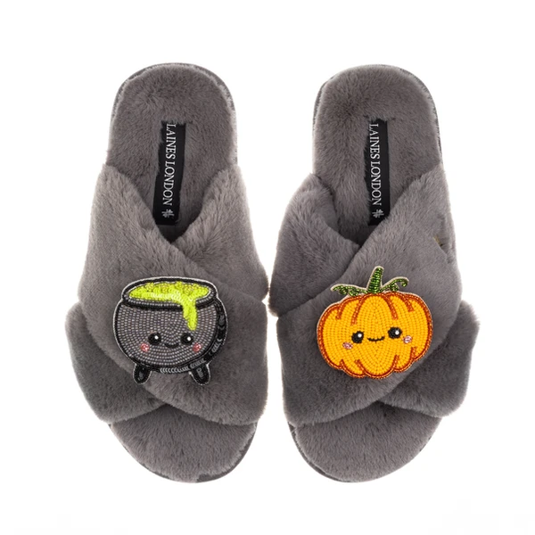 Laines London Classic Slippers With Laines Lovables Pumpkin & Cauldron Halloween Brooches
