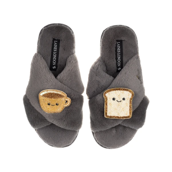 Laines London Classic Slippers With Laines Lovables Tea & Toast Brooches