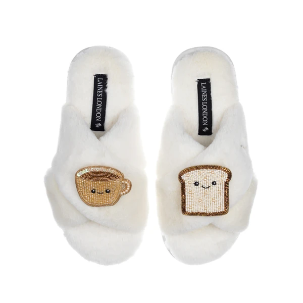 Laines London Classic Slippers With Laines Lovables Tea & Toast Brooches
