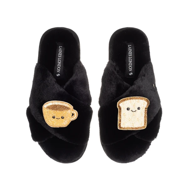 Laines London Classic Slippers With Laines Lovables Tea & Toast Brooches