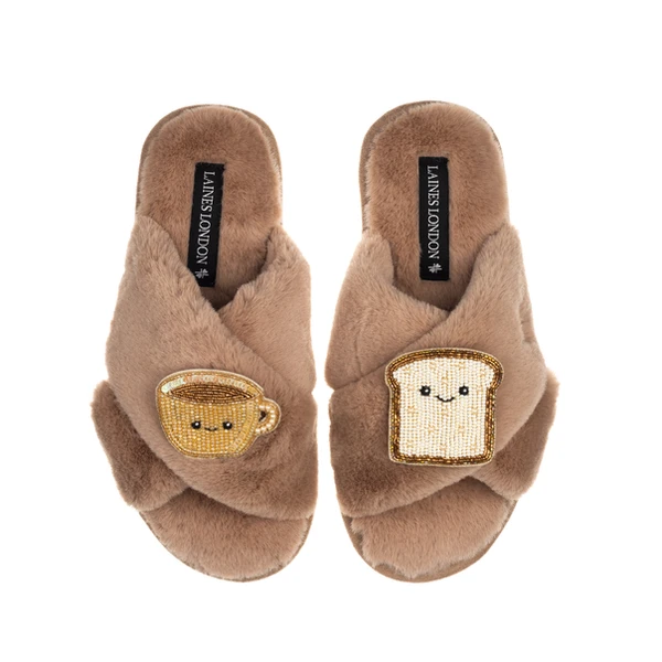laines london Classic Slippers With Laines Lovables Tea & Toast Brooches