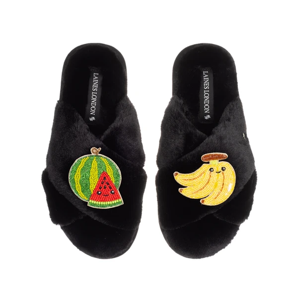 Laines London Classic Slippers With Laines Lovables Watermelon & Banana Brooches