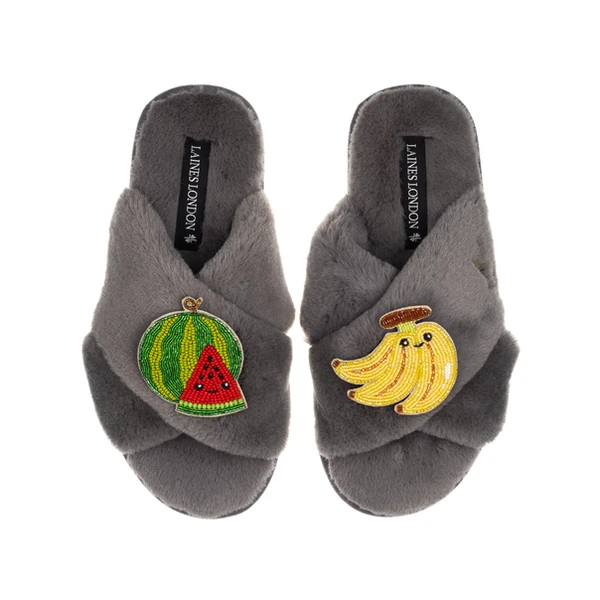 Laines London Classic Slippers With Laines Lovables Watermelon & Banana Brooches