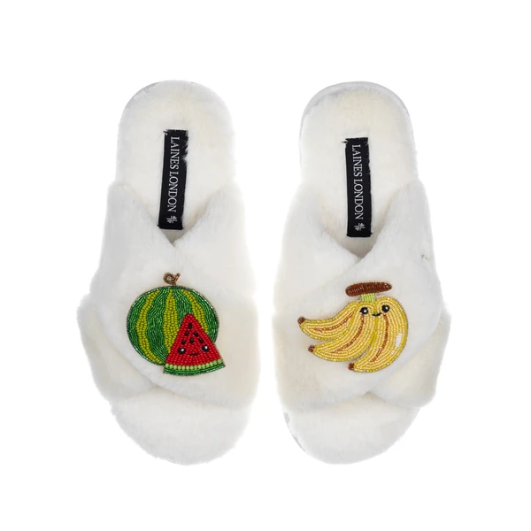 Laines London Classic Slippers With Laines Lovables Watermelon & Banana Brooches