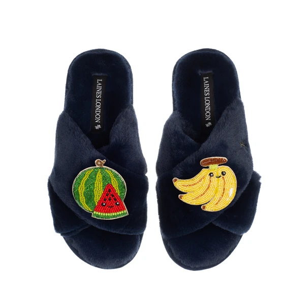 laines london Classic Slippers With Laines Lovables Watermelon & Banana Brooches